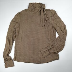 RW&CO Women XS Houndstooth Bow Neck Brown Blouse Vintage Style Work Minimal